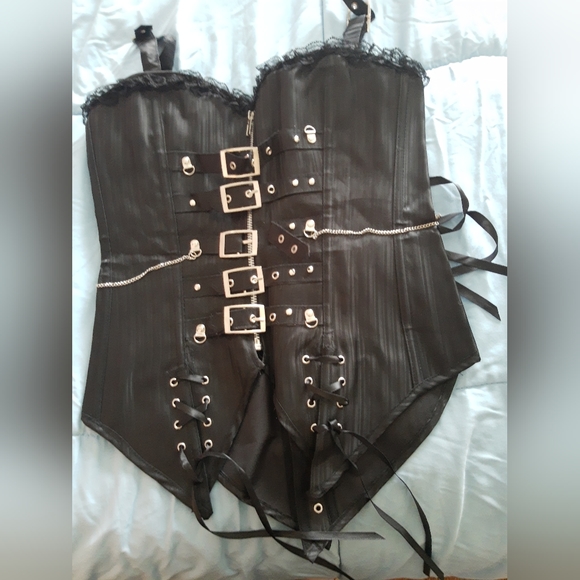 V Other - Pinstripe Overbust Corset Steampunk Warrior Princess Punk Goth Ren Fest